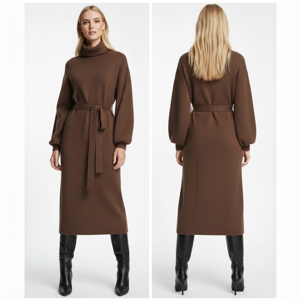 ASOS DESIGN knitted roll neck midi dress with tie waist in brown NWT